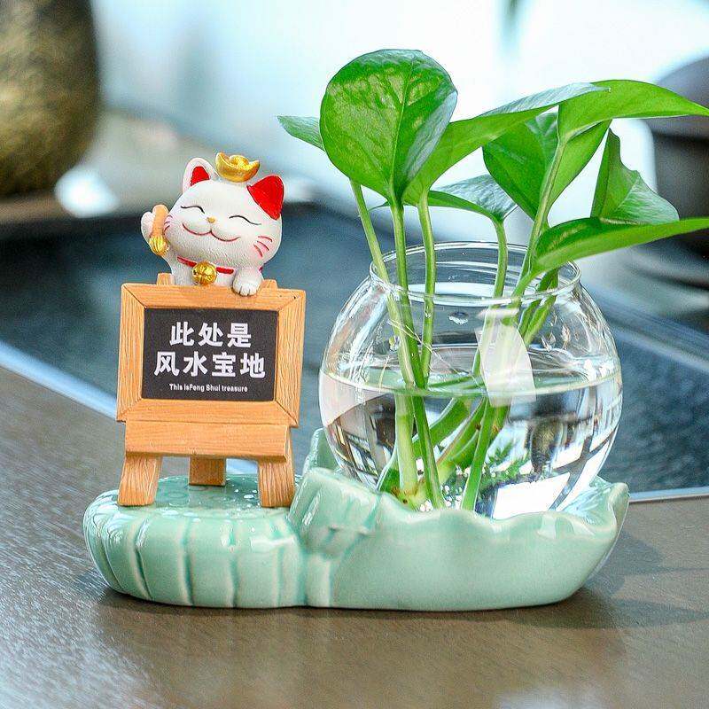 速发招财猫水培花瓶客厅插花水养花器装饰品办公室桌面工位解压小