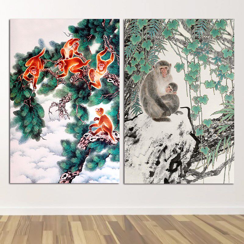 速发动画猴子贴画客厅生关带框挂画十二玄肖猴海报墙贴母子图国物