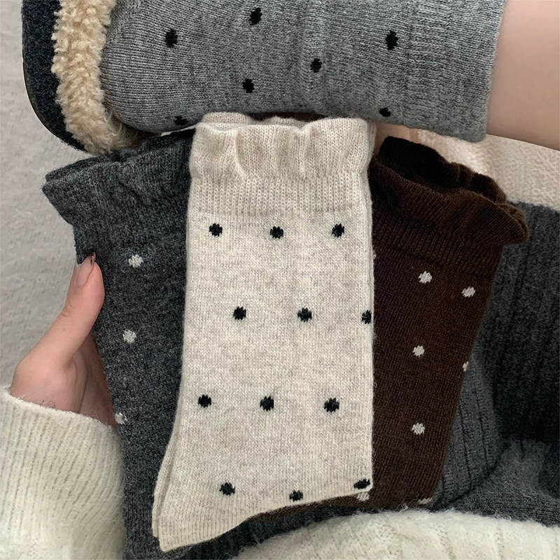 秋冬季日系米色羊毛袜子女士纯色波点中筒袜加厚绒袜复古花边长袜,女士内衣/男士内衣/家居服,中筒袜,淘宝优惠券,粉丝福利购,淘宝优惠卷