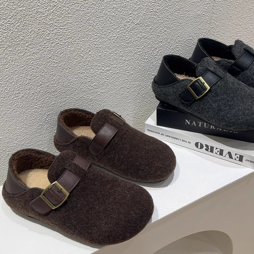 加绒保暖毛呢勃肯鞋女2025年冬季新款复古一脚蹬懒人豆豆棉鞋外穿,女鞋,棉鞋,淘宝优惠券,粉丝福利购,淘宝优惠卷