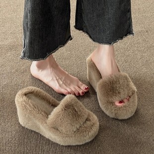 毛茸茸一字拖鞋 冬季 外穿 女2025年新款 小个子坡跟厚底增高毛毛拖鞋