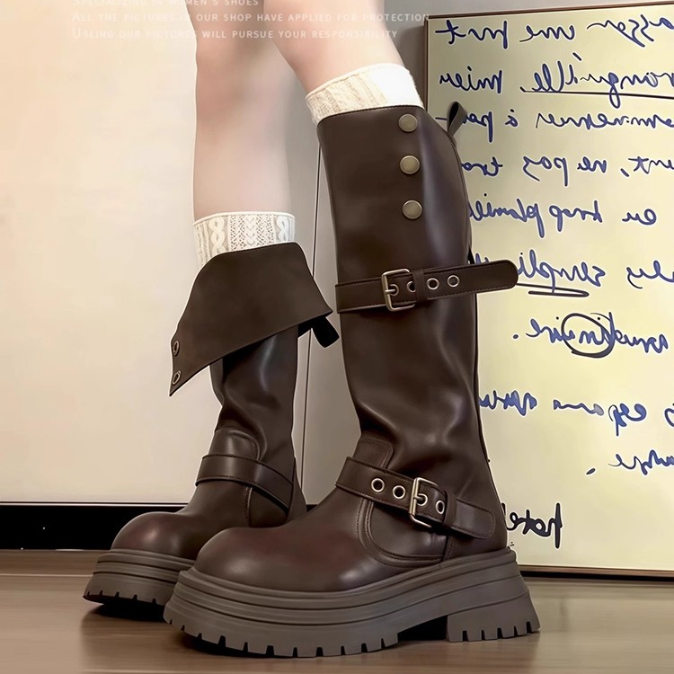 英伦风粗跟厚底长筒靴女