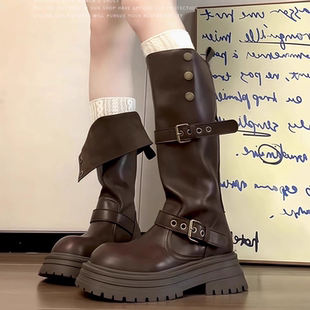 黑色复古英伦风粗跟厚底长筒靴女2025年春秋新款 显瘦骑士靴子 时尚