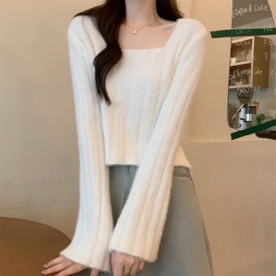 秋冬季 上衣加厚 仿水貂绒软糯毛衣女慵懒风打底针织衫 小众短款