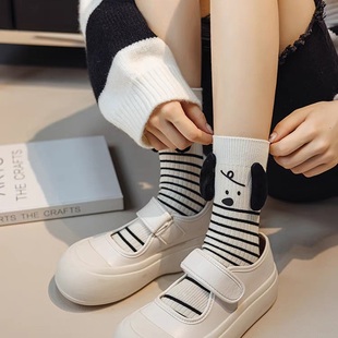 条纹小狗袜子女夏季 ins潮 堆堆袜日系个性 可爱卡通搞怪中筒袜韩版