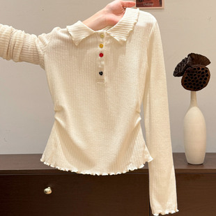 好看到逆天~POLO领长袖肌理感女秋冬季打底衫内搭木耳边T恤上衣
