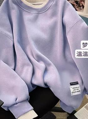 广州十三行女装爆款今年流行小个子圆领假两件紫色美式慵懒卫衣女