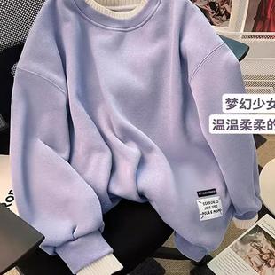 广州十三行女装爆款今年流行小个子圆领假两件紫色美式慵懒卫衣女