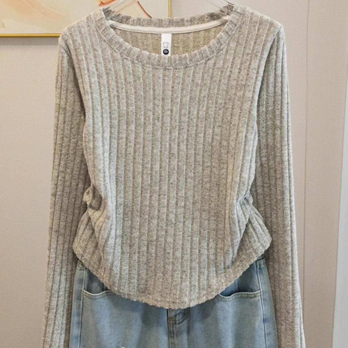 卡其色褶皱长袖针织衫圆领单件