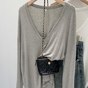 上衣 打底T恤空调防晒罩衫 这也太温柔了吧 宽松慵懒风内搭V领长袖