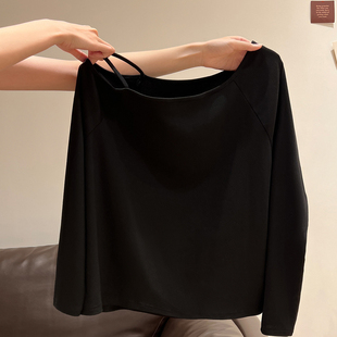 韩系慵懒风单肩带设计长袖 斜领露肩宽松显瘦上衣ins T恤女早秋新款