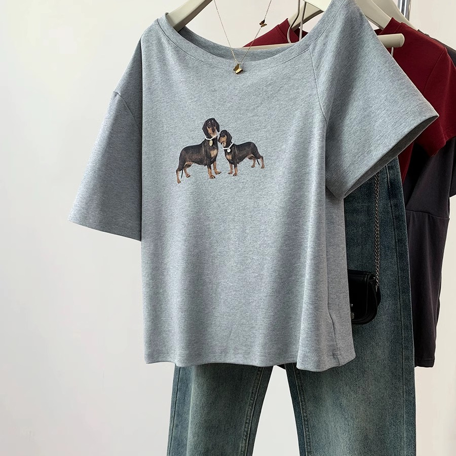 韩版灰色斜肩短袖t恤纯棉上衣