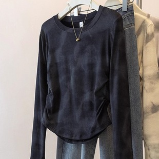 褶皱修身 越穿越喜欢 女春秋款 打底衫 设计气质扎染T恤上衣 韩系长袖