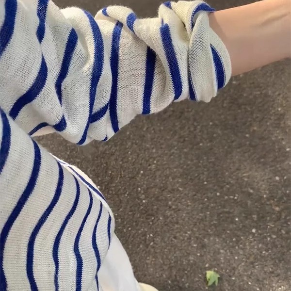 蓝色条纹防晒针织上衣女夏空调衫