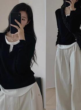 爆炸好看~2024新款秋上衣设计感韩系不规则下摆假两件v领打底衫
