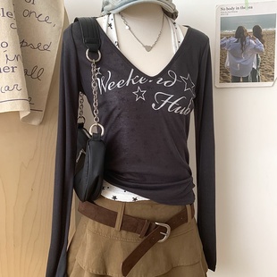 美式 薄款 辣妹风长袖 字母印花防晒罩衫 上衣 t恤秋季 高级感满满