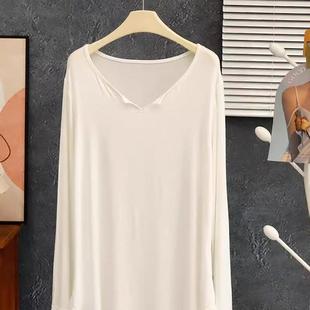 T恤 长袖 广州十三行爆款 弧形下摆简约正肩遮屁股女小V领空调衫