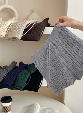 美晕我了日韩系松紧腰麻花毛线针织短裤女秋外穿百搭显瘦阔腿靴裤