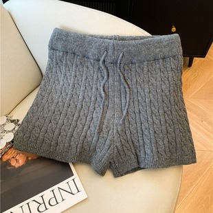 休闲风灰色麻花针织短女高腰系绳阔腿打底裤 韩式 有被韩住 是真