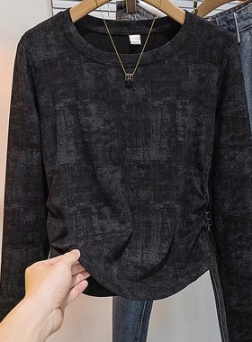 广州十三行高货~黑色长袖T恤2025秋季流行穿搭胖mm修身褶皱上衣