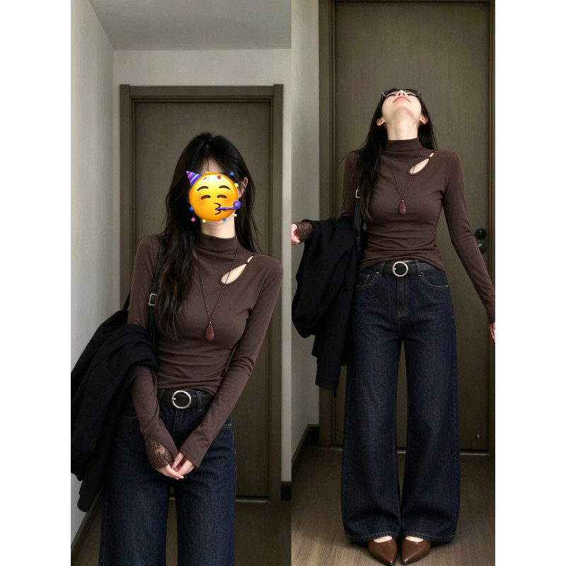 真的好看到失语~轻奢气质镂空半高领长袖T恤女磨毛内搭打底衫上衣