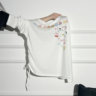 防晒罩衫 早秋新款 上衣 手鸦图案斜肩抽绳设计感长袖 百搭基础款