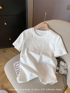 白色刺绣圆领短袖 新中式 t恤女国风宽松百搭气质纯棉上衣 现货