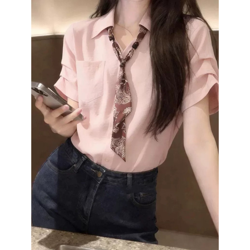 广州十三行女装！韩系气质丝巾Polo领粉色衬衫女款松弛感通勤上衣
