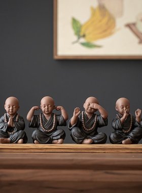 博古架茶宠茶台和尚陶瓷桌面摆件四小沙弥禅意人物中式装饰品不小