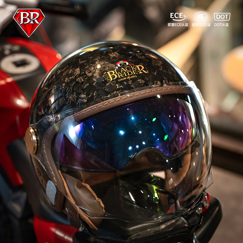 BR摩托车头盔碳纤维超轻复古四分之三半盔双镜片男女四季2026新款