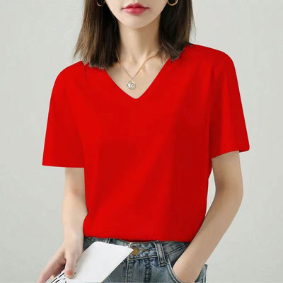 高档纯棉V领短袖t恤女