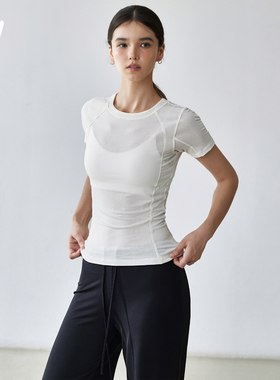 VLO白色正肩短袖女瑜伽服新款休闲百搭基础款舒适健身上衣运动T恤