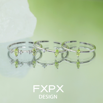 FXPX 纯银茉莉绿戒指小众设计素圈食指戒独特叠戴戒指开口可调节