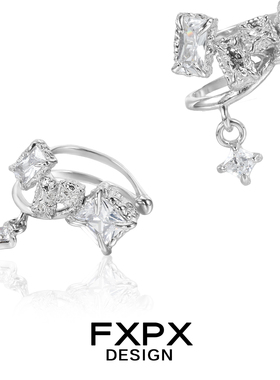 FXPX 纯银破碎方块耳骨夹白色透明锆石耳饰小众高级感无耳洞耳夹