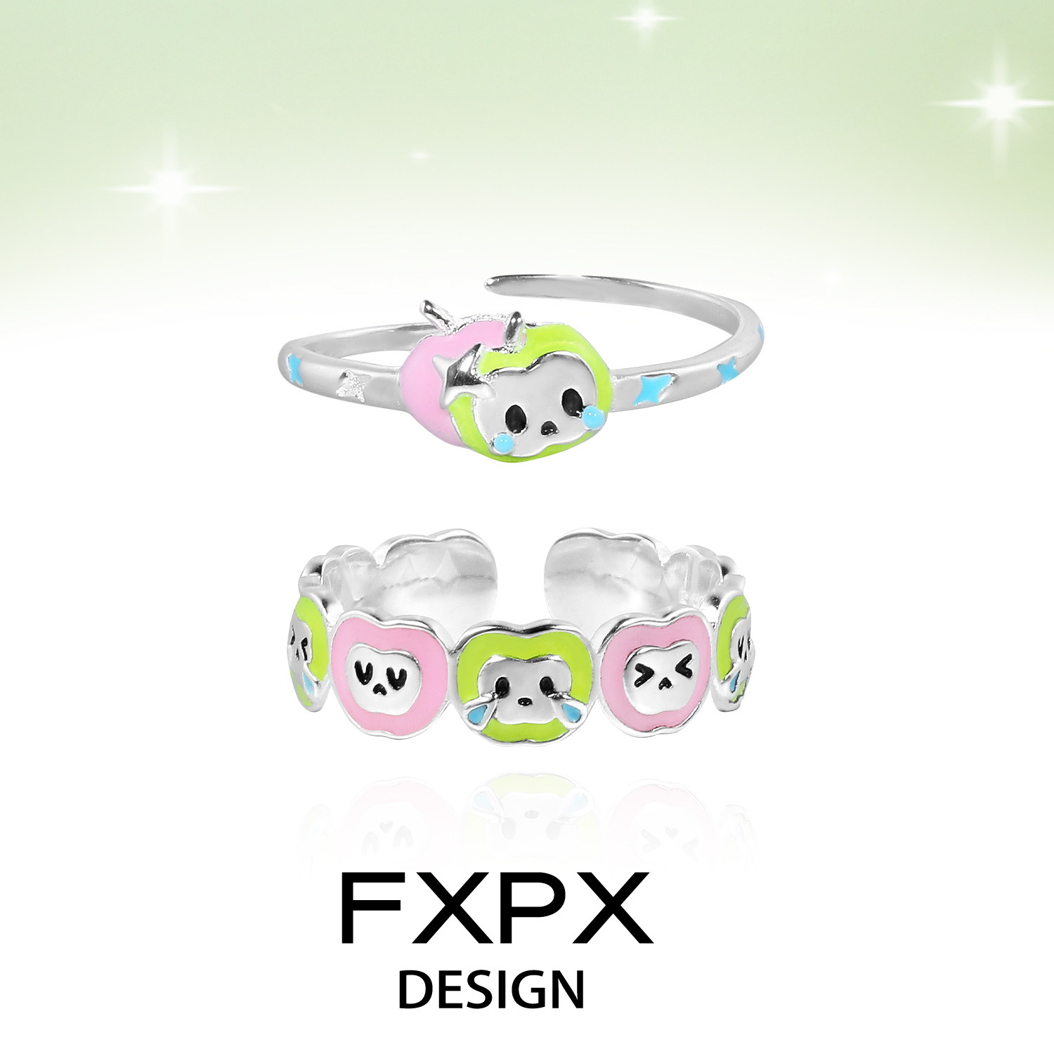 FXPX 纯银哭泣青苹果戒指小众设计感情侣对戒开口可调节食指戒