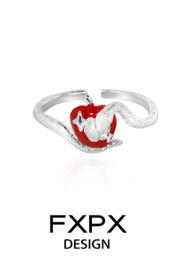 FXPX 纯银钉砂碎闪红苹果戒指小众设计高级感开口可调节食指戒