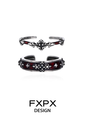 FXPX原创纯银做旧暗红鸢尾戒指小众设计情侣对戒开口可调节食指戒