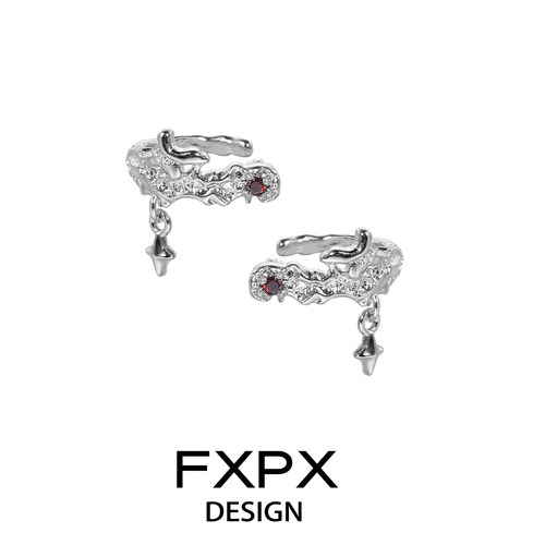 FXPX 原创红色锆石不规则耳骨夹小众设计四芒星星耳挂无耳洞耳饰