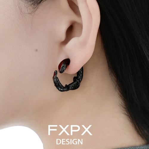 FXPX 原创设计小众独特黑蛇耳钉欧美暗黑风耳环甜酷风耳饰925银针