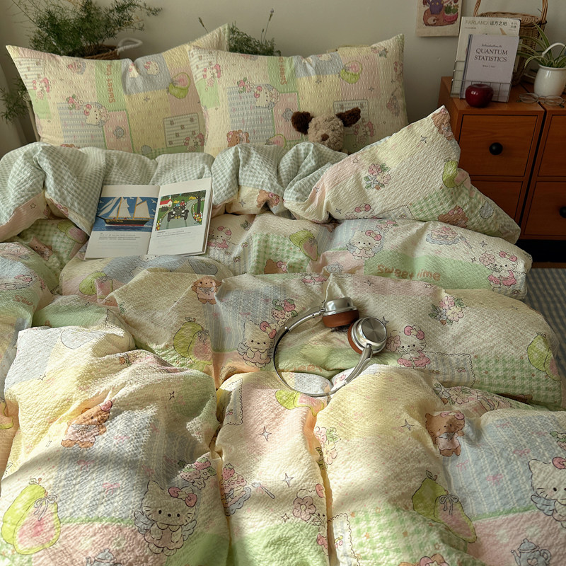 少女小清新卡通拼色方格四件套