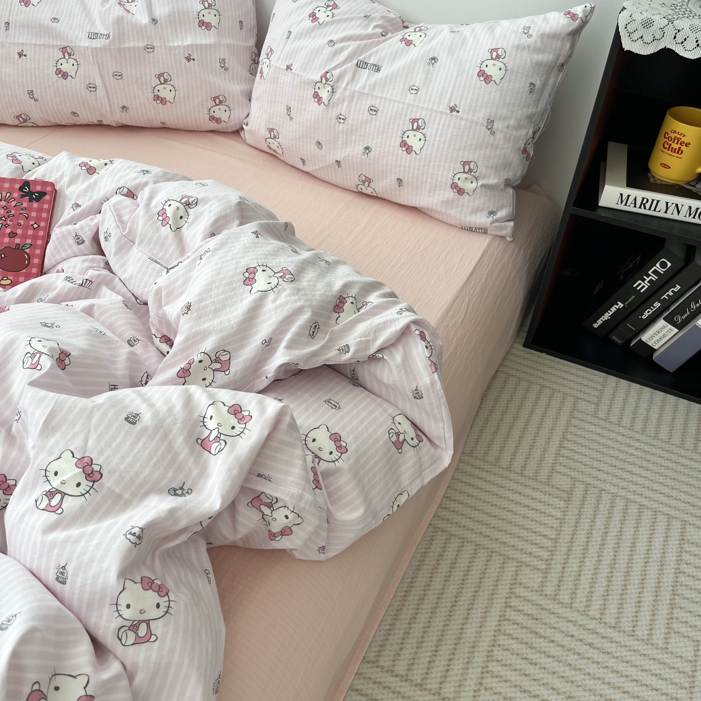 少女ins粉条纹可爱KT猫四件套