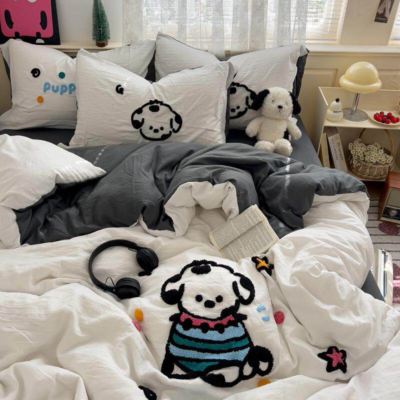 简约ins卡通狗狗毛巾绣四件套