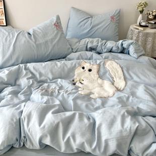 小清新ins少女浅蓝猫咪贴布绣床上四件套全棉被套纯棉床单三件套