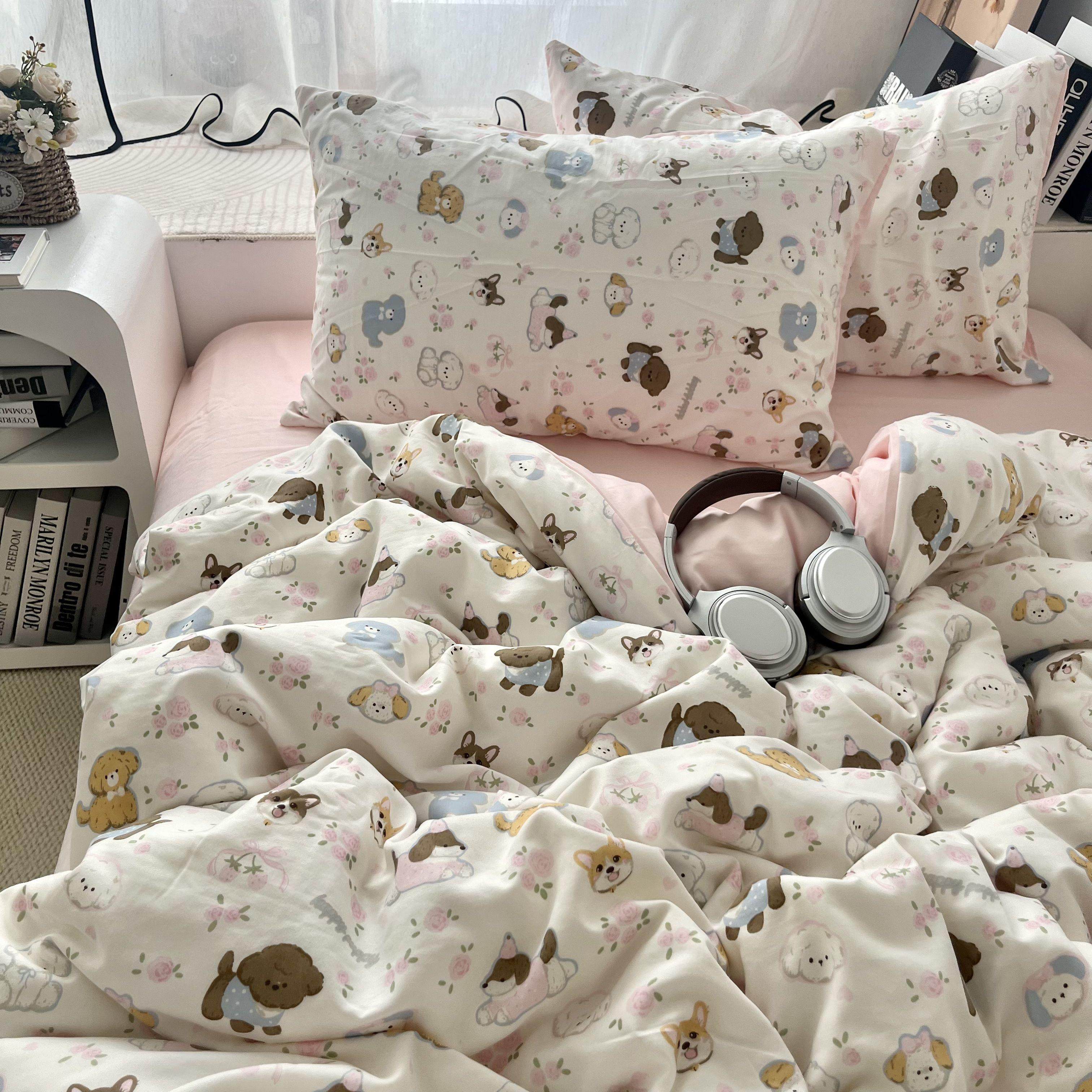 韩系少女卡通狗狗水洗棉床单四件套全棉被套纯棉学生宿舍三件套,床上用品,床品套件/四件套/多件套,淘宝优惠券,粉丝福利购,淘宝优惠卷