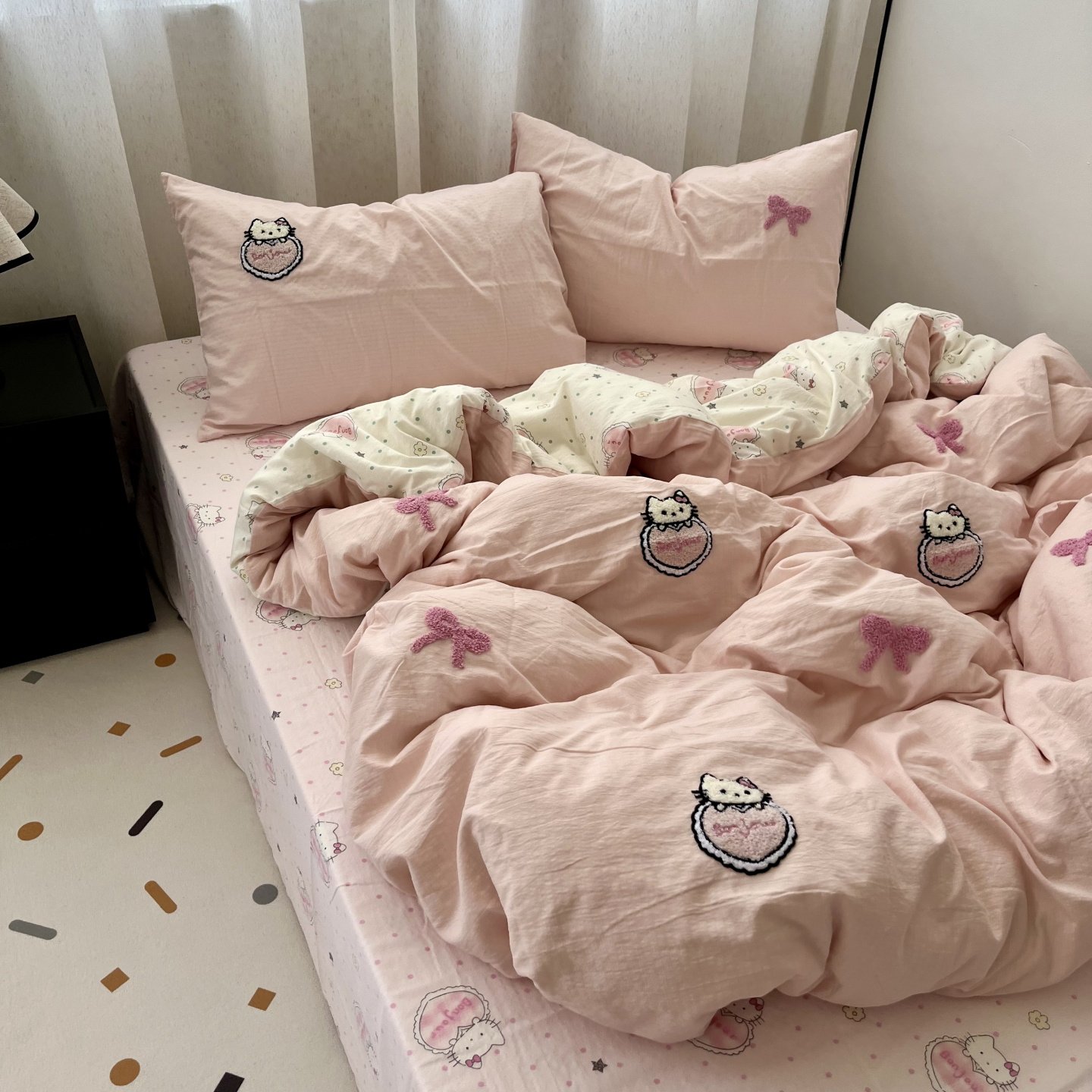 少女淡粉色可爱猫咪毛巾绣四件套