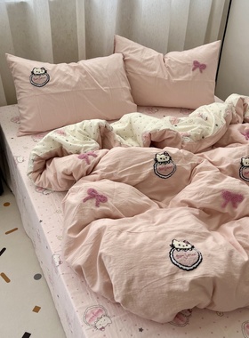少女ins淡粉色可爱猫咪毛巾绣水洗棉全棉四件套纯棉床单三件套1.5