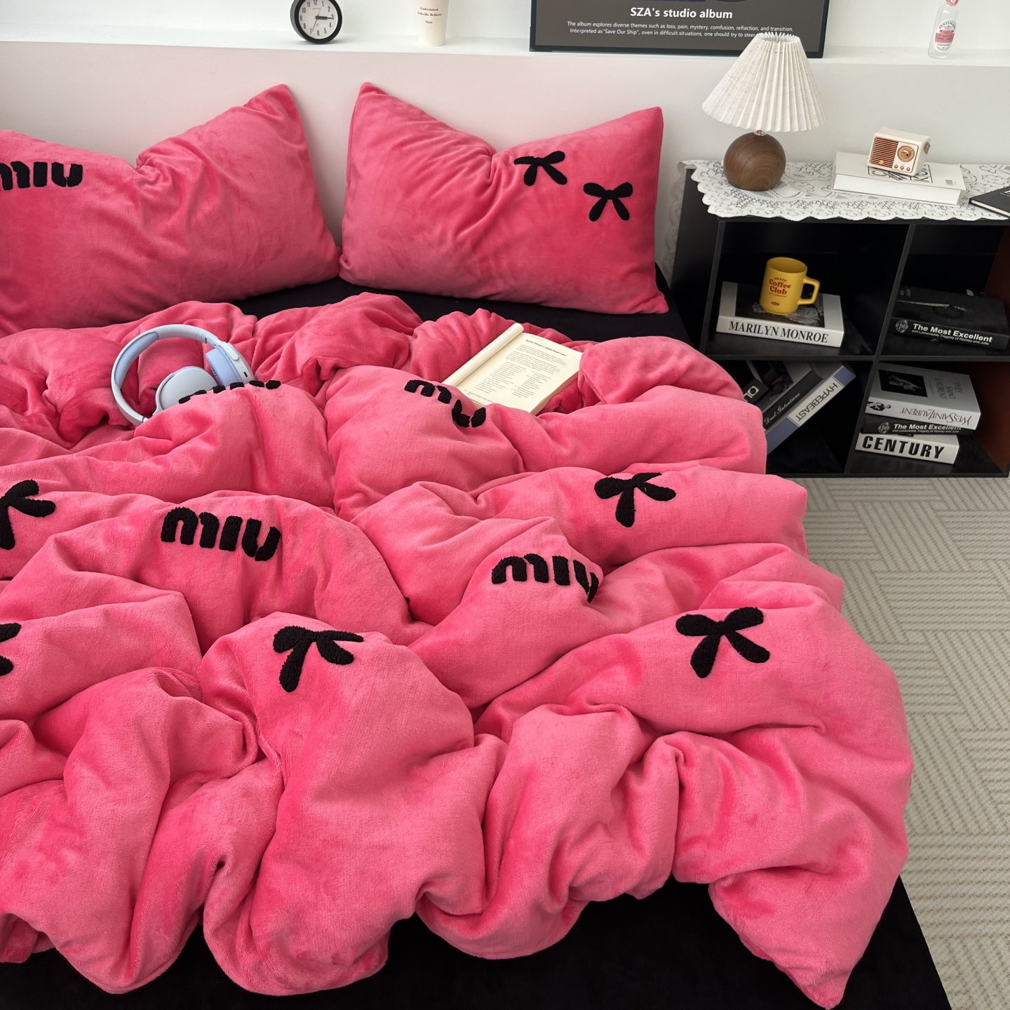 博主风玫粉蝴蝶结牛奶绒四件套