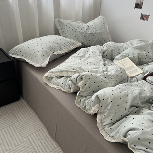 少女ins小清新波点蓝水洗棉床单四件套花边全棉被套纯棉三件套1.5