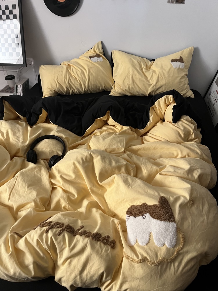 可爱萌萌猫毛巾绣全棉床单四件套