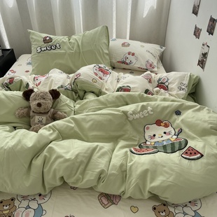 简约清新绿可爱猫咪毛巾绣水洗棉床单四件套全棉被套纯棉三件套